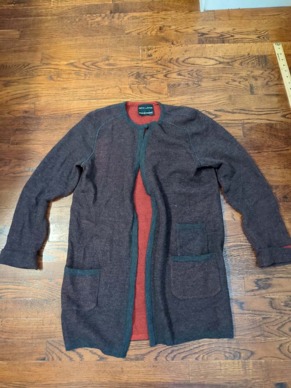 Rena Lange Open Front Cardigan Sweater Dark Brown Red Trim